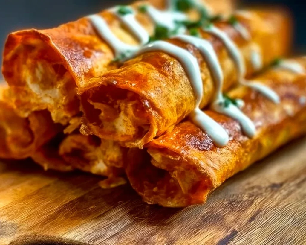 Crispy Keto Buffalo Chicken Taquitos on a plate with dipping sauce
