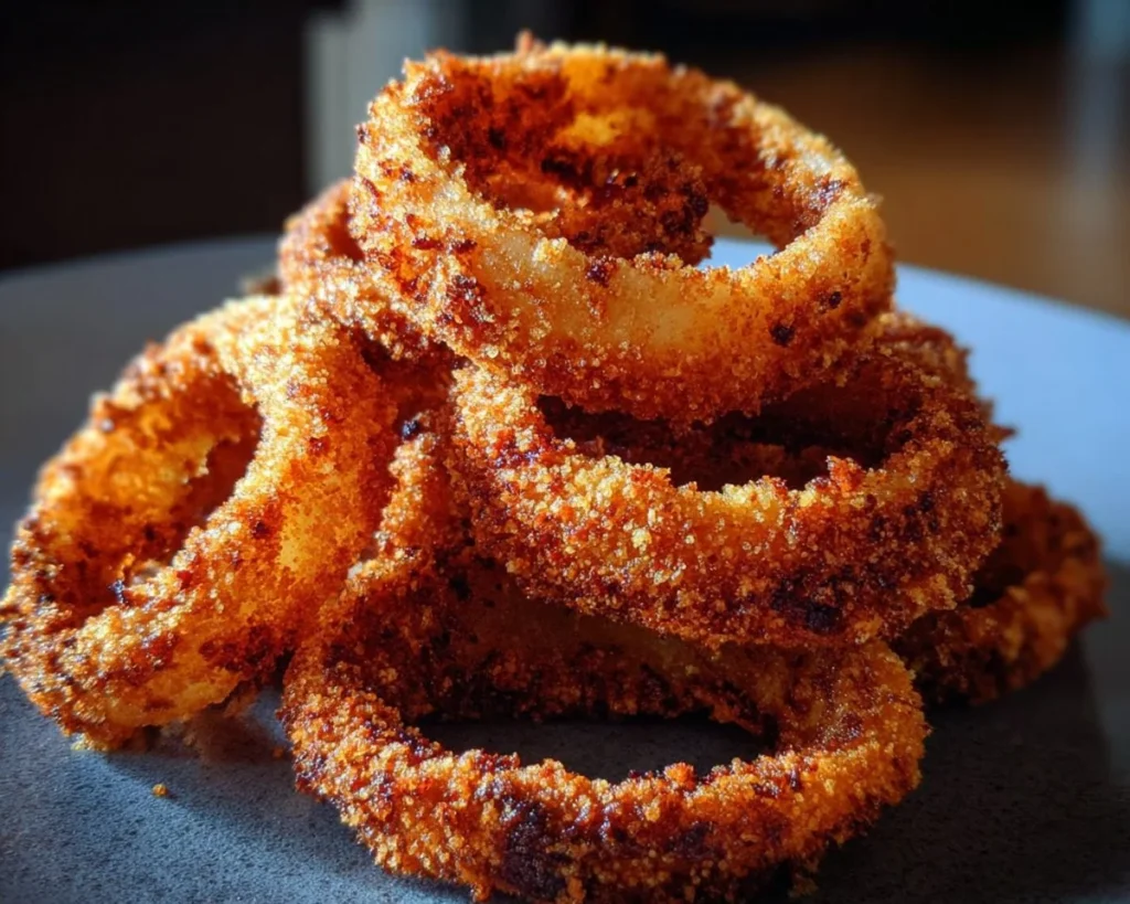Crispy onion rings served on a plate, golden brown, and perfectly fried.
