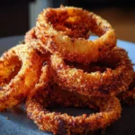 Crispy onion rings served on a plate, golden brown, and perfectly fried.