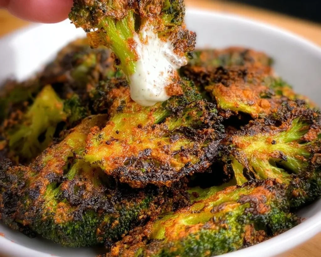 Bowl of crispy smashed broccoli chips served as a healthy snack