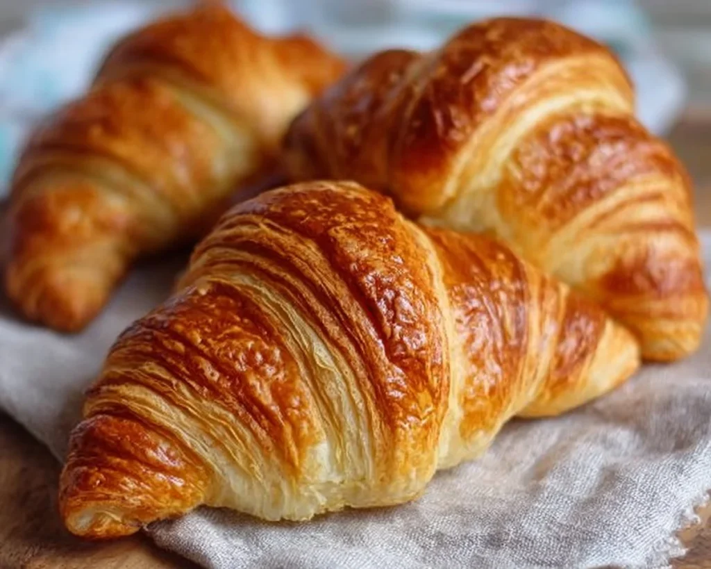 Freshly baked croissants on a wooden table, showcasing their flaky texture.
