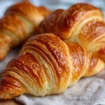 Freshly baked croissants on a wooden table, showcasing their flaky texture.