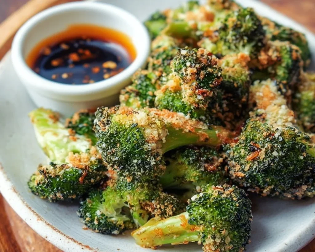 Crunchy baked broccoli drizzled with spicy soy sauce, served on a plate.