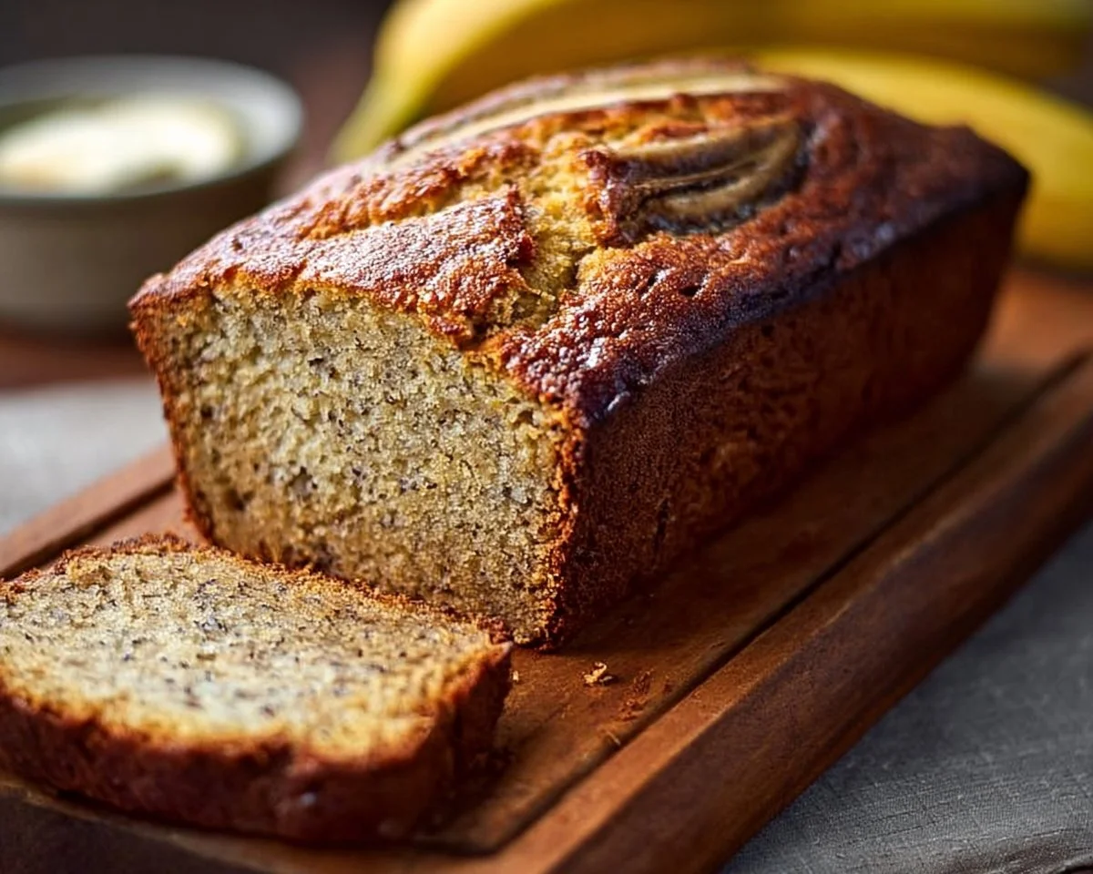 Loaf of easy moist banana bread fresh out of the oven with sliced bananas