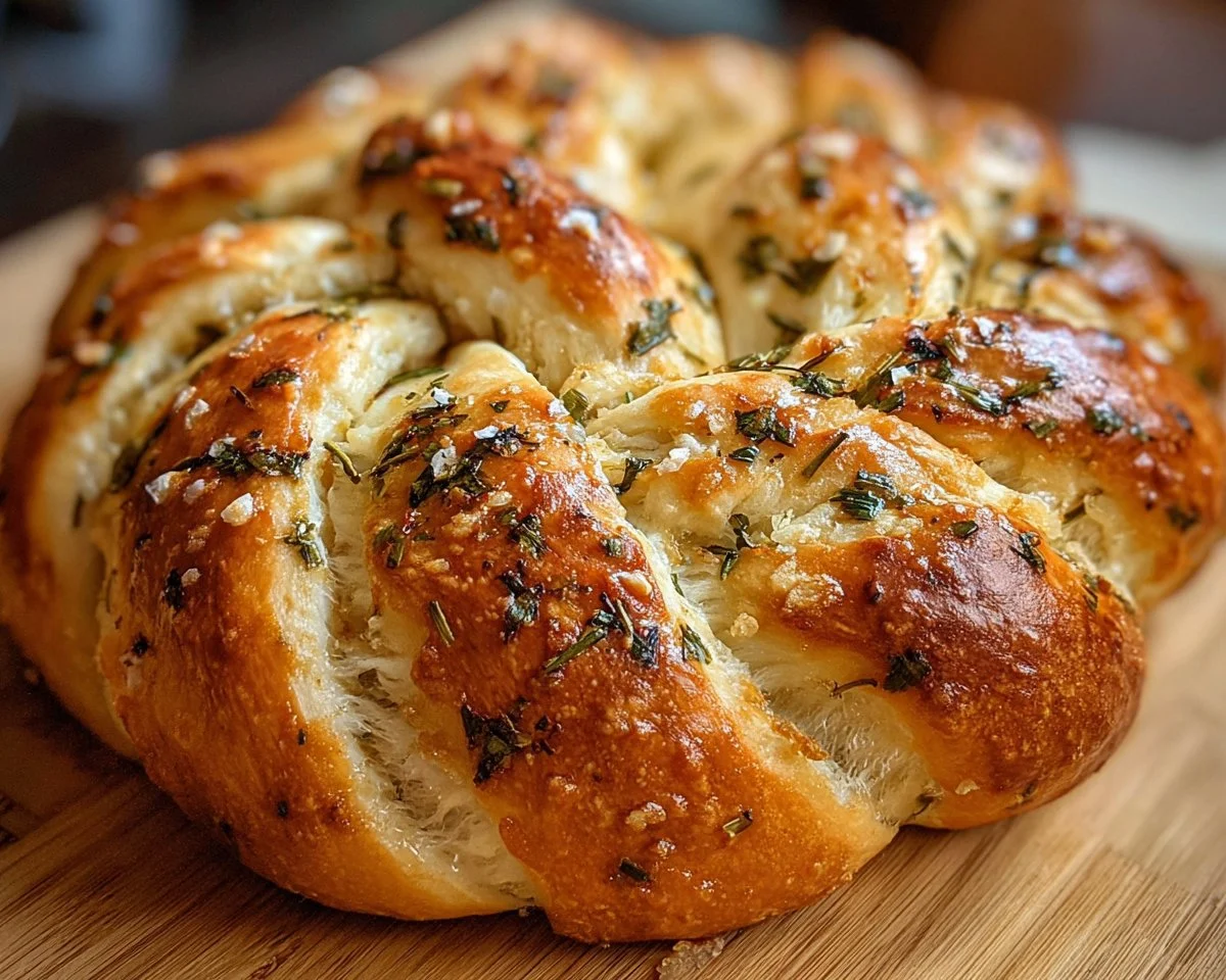 Freshly baked Garlic Herb Braided Bread with a golden crust and aromatic herbs