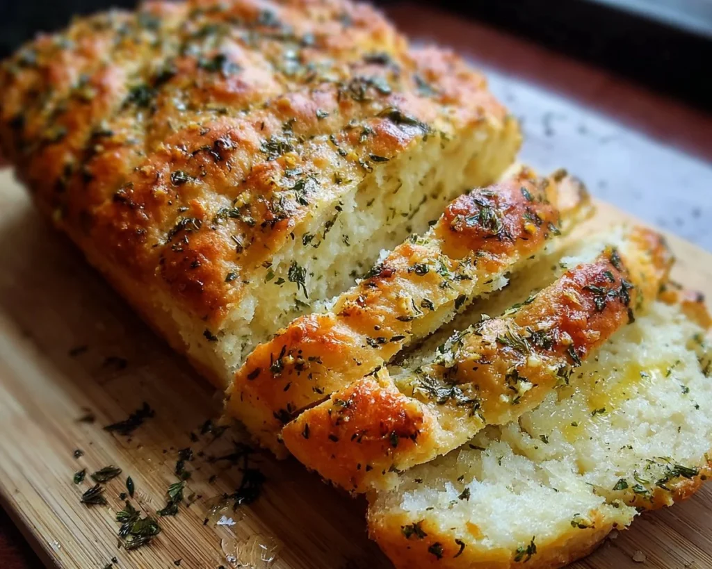 Freshly baked Garlic Parmesan Herb Bread with herbs and cheese
