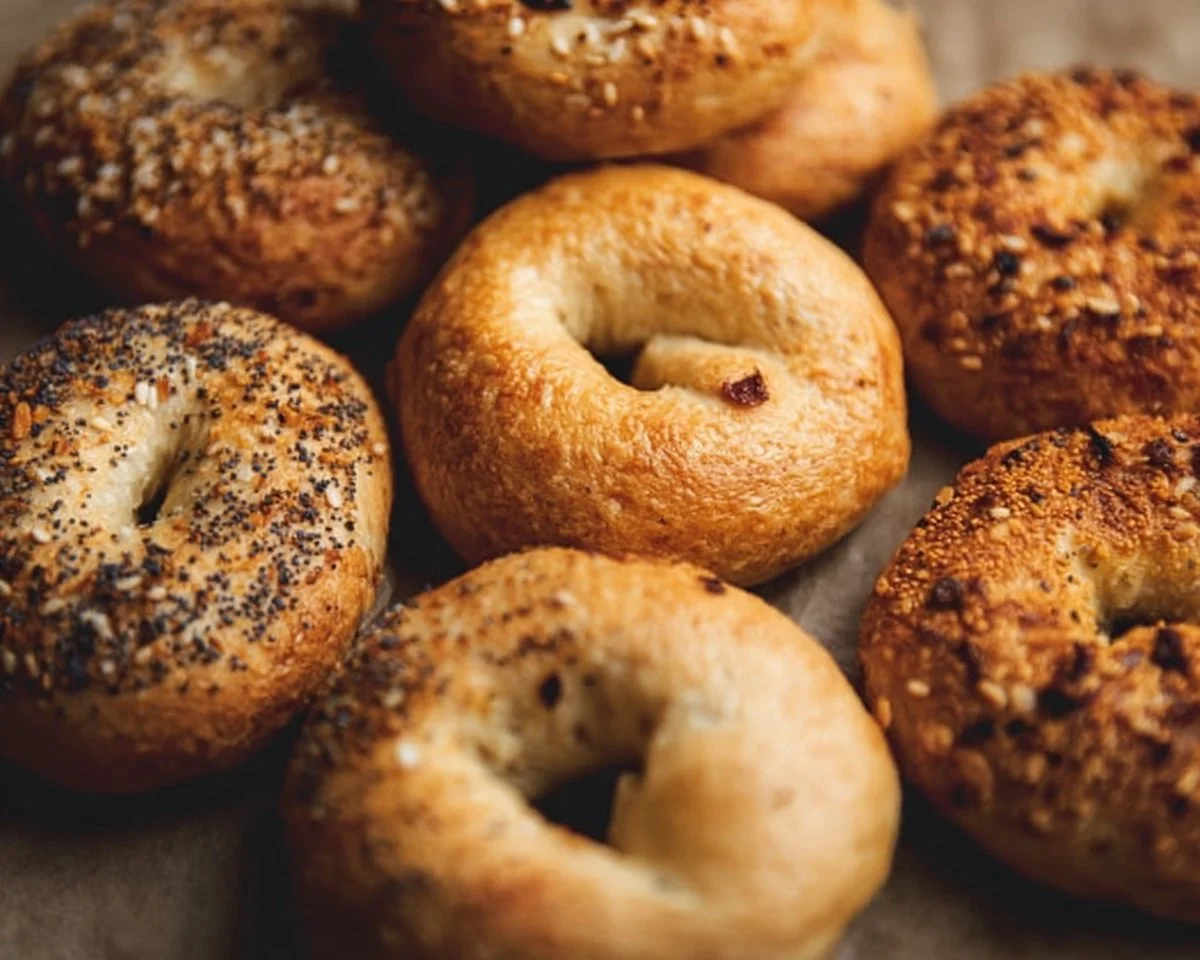 Homemade bagels fresh out of the oven, golden brown and delicious.