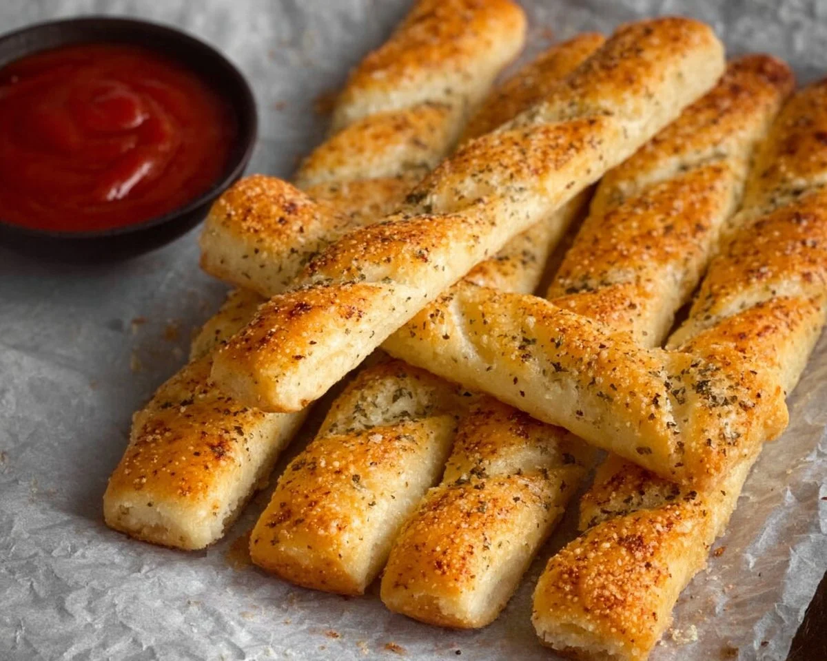 Homemade breadsticks fresh from the oven, golden and delicious.
