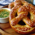 Homemade soft buttery pretzels with salsa verde cheese dipping sauce