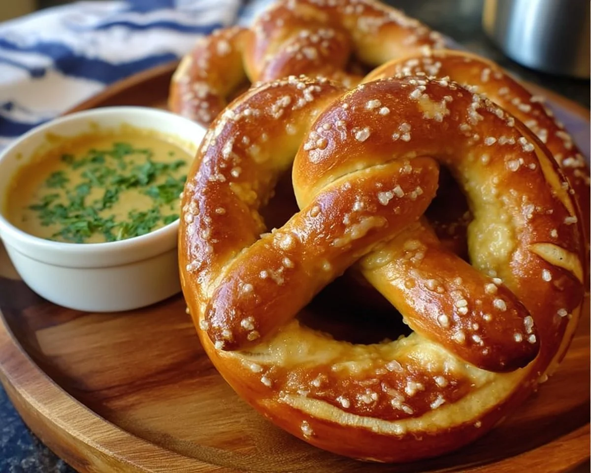 Homemade soft buttery pretzels with salsa verde cheese dipping sauce