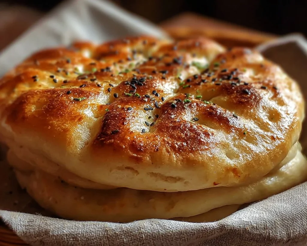 Freshly baked homemade soft Turkish bread on a wooden table
