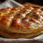 Freshly baked homemade soft Turkish bread on a wooden table
