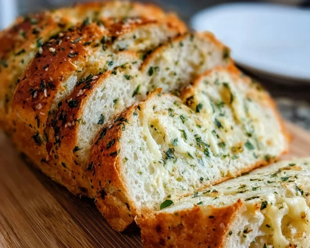 Freshly baked Italian Herb and Cheese Bread with herbs and cheese topping.