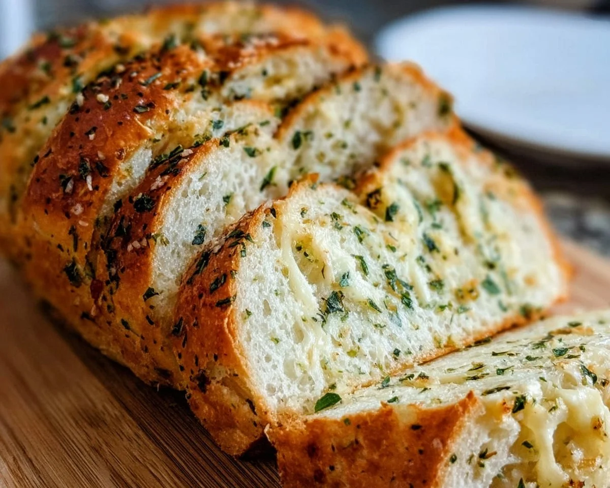 Freshly baked Italian Herb and Cheese Bread with herbs and cheese topping.