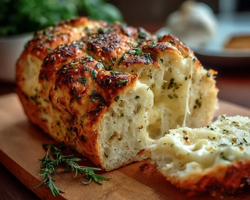 Freshly baked Italian Herb and Cheese Bread with herbs and cheese texture