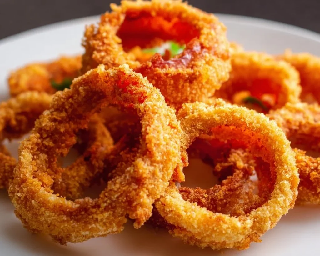 Crispy Keto air fryer onion rings served on a plate.