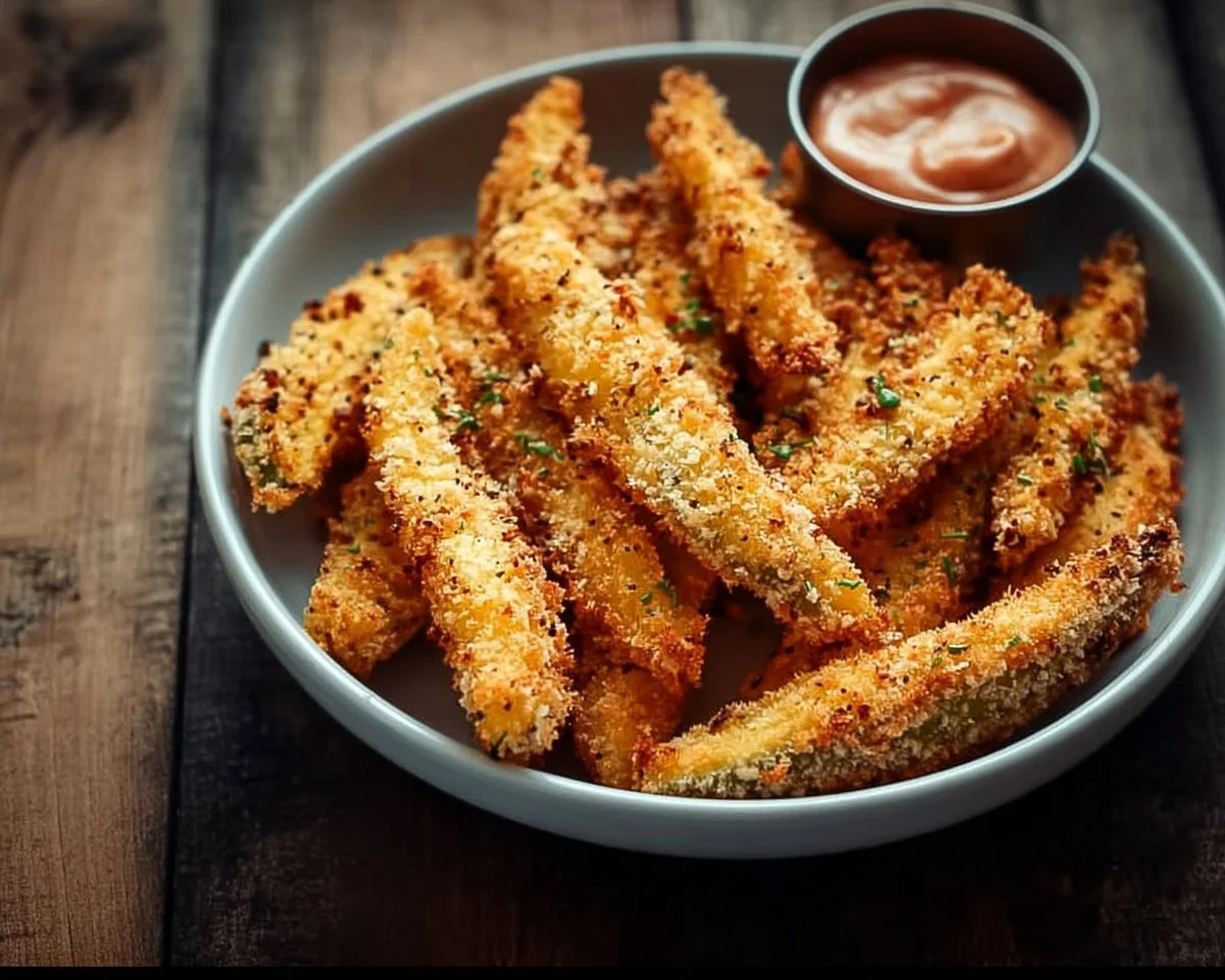 Crispy keto avocado fries served on a plate with dipping sauce