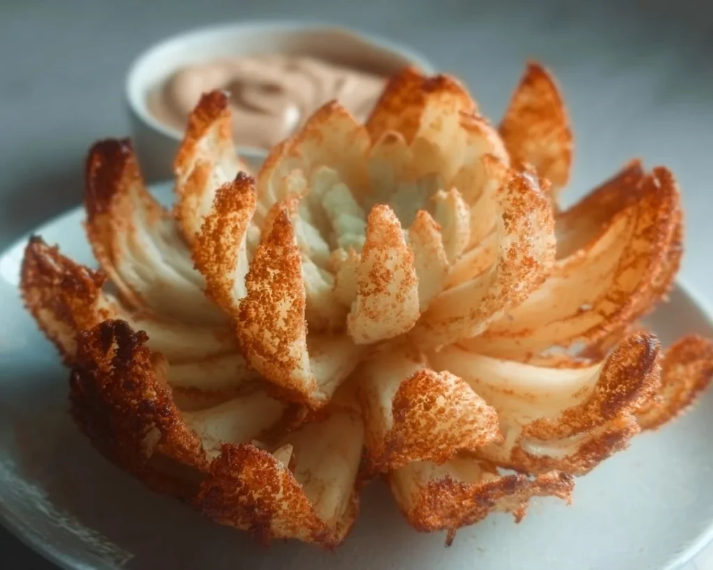 Keto Blooming Onion served with dipping sauce on a plate
