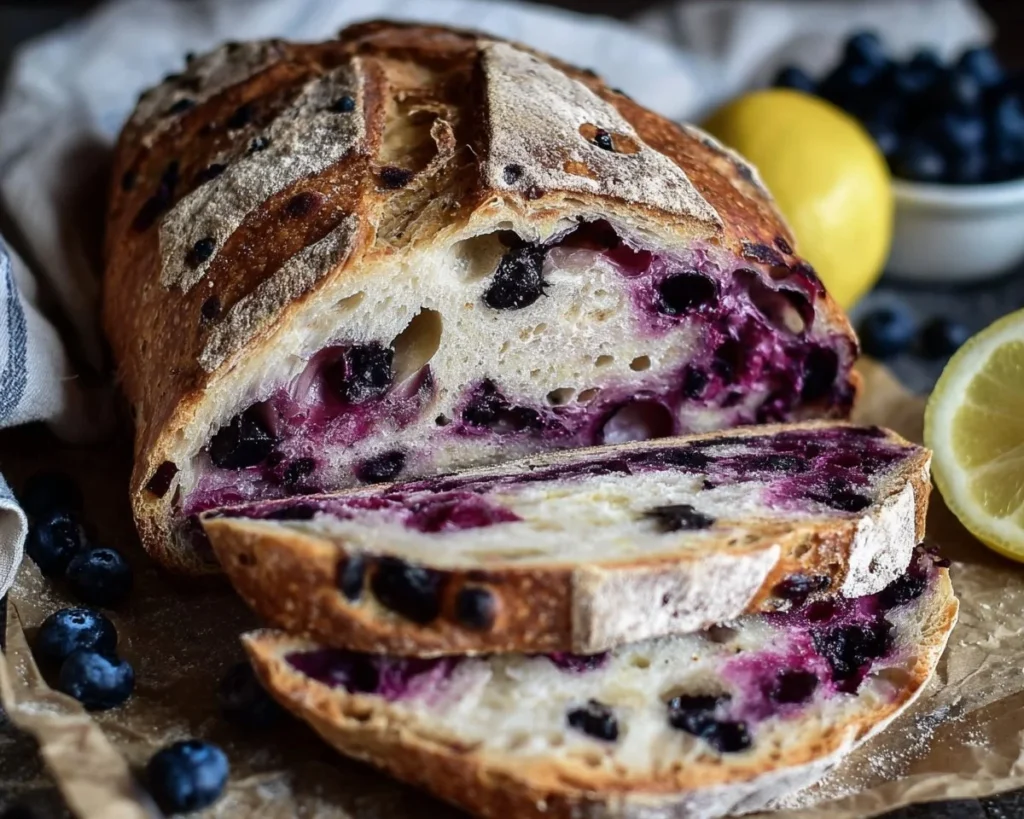 Slice of lemon blueberry sourdough bread on a wooden table