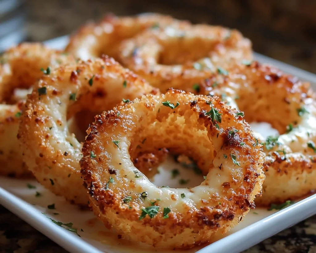 Low-carb baked mozzarella onion rings for a healthy snack option
