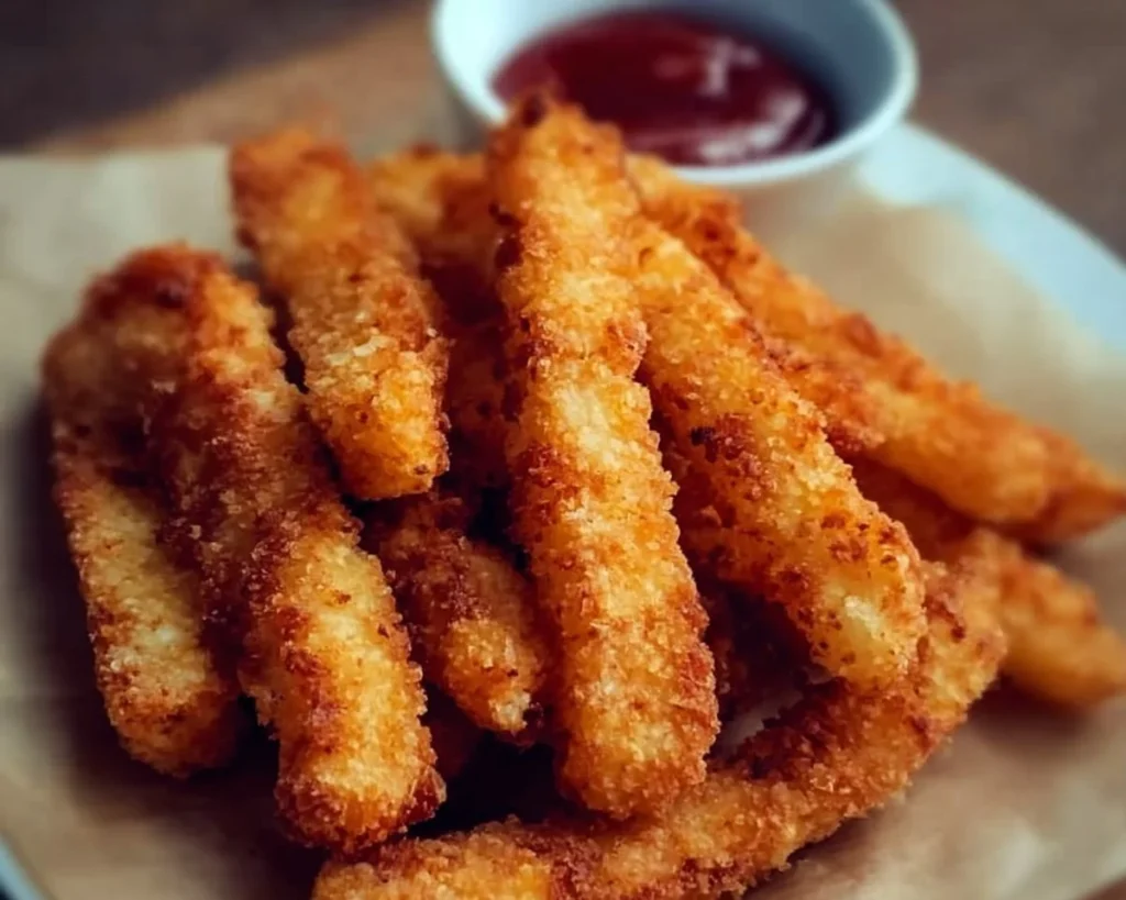 Low-carb chicken fries served with dipping sauce on a plate