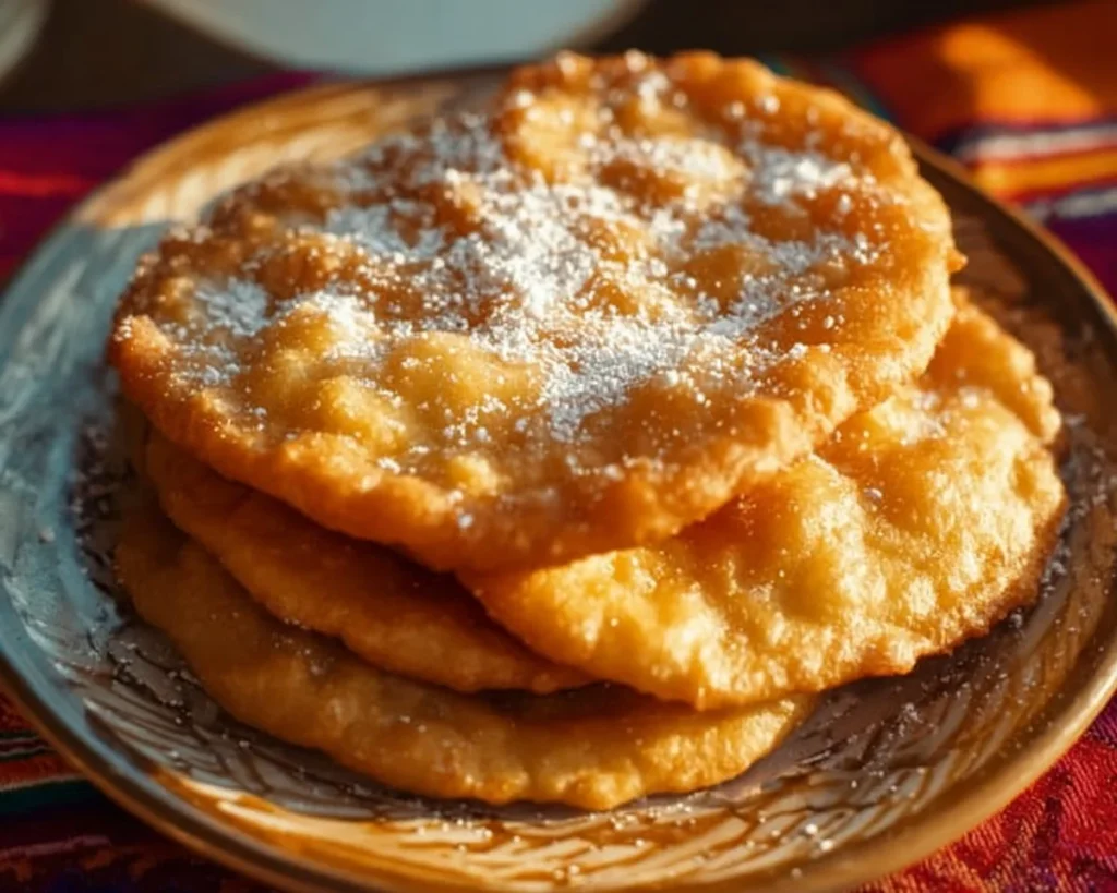 Navajo fry bread served with toppings on a rustic wooden table.