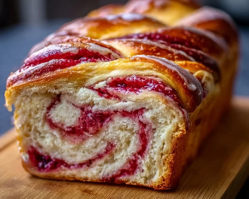 Freshly baked Raspberry Swirl Brioche Loaf with a golden crust and fruit filling.