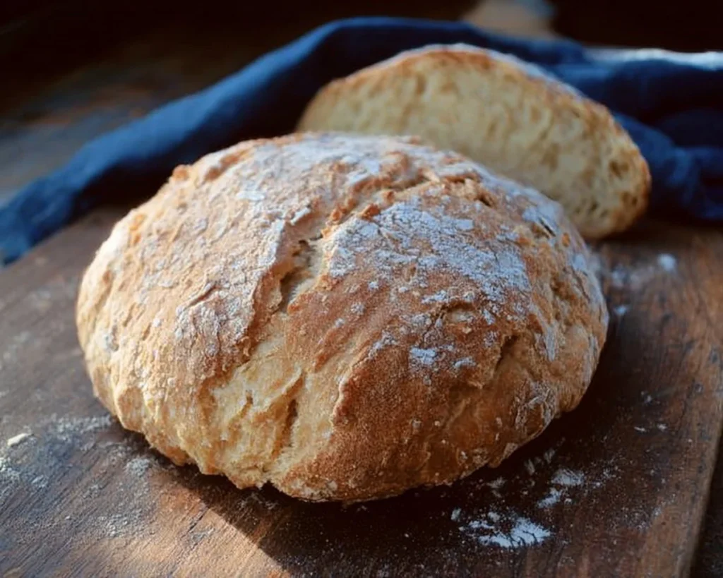 Loaf of freshly baked rustic Italian bread on a wooden cutting board.