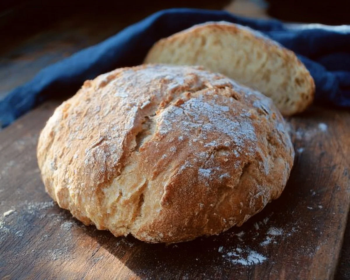 Loaf of freshly baked rustic Italian bread on a wooden cutting board.