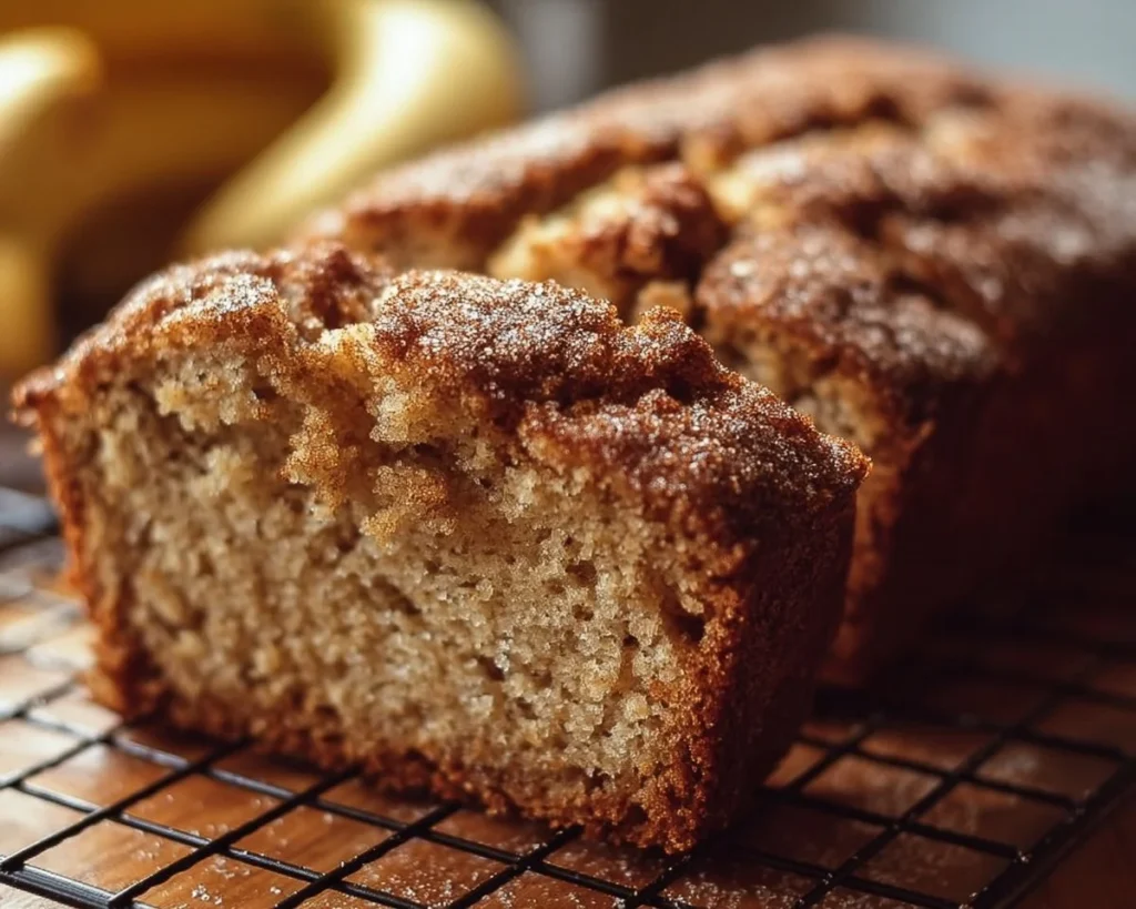 Slice of moist snickerdoodle banana bread topped with cinnamon sugar