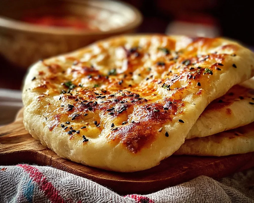 Freshly made stovetop Turkish bread served on a wooden table