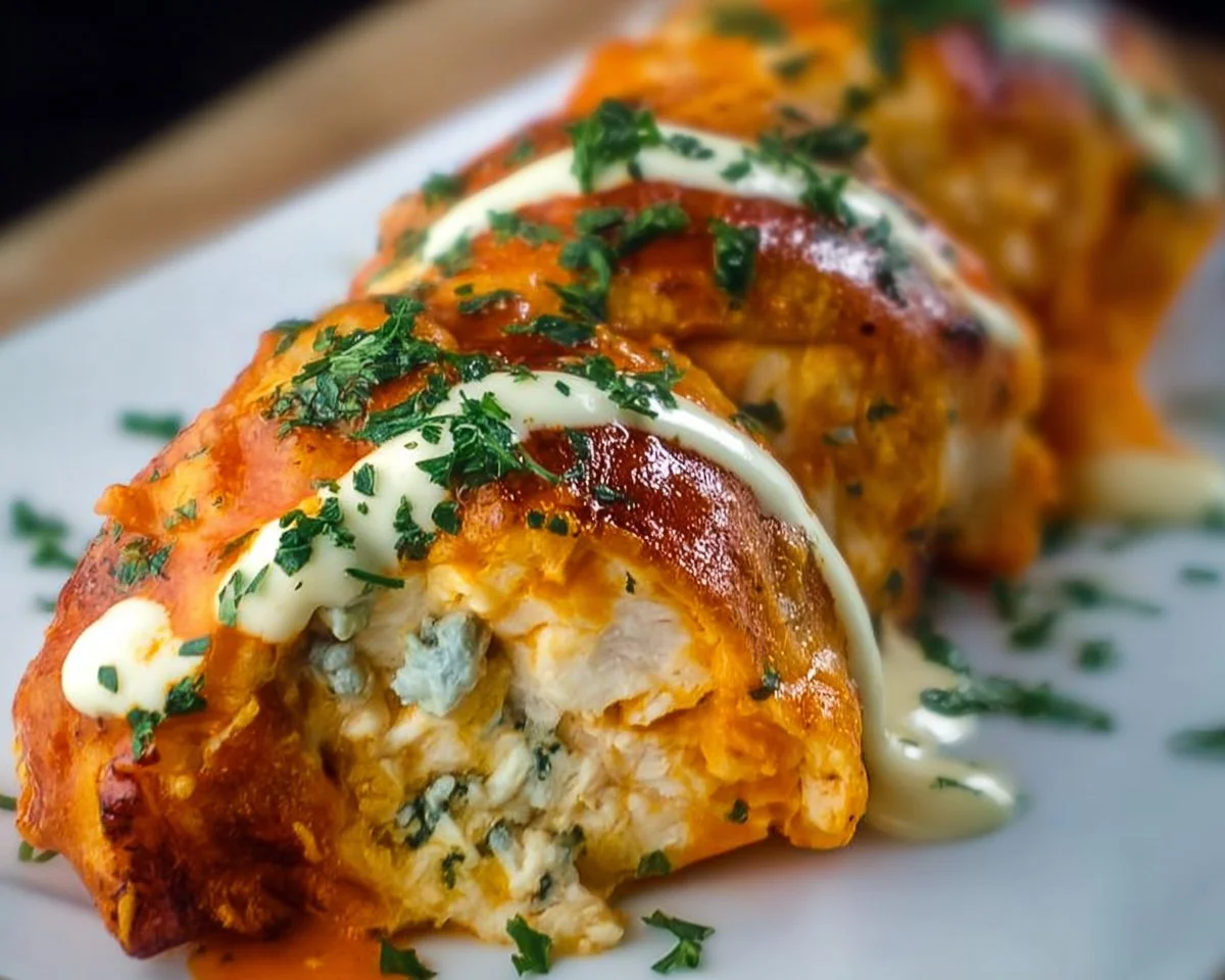 Stuffed Buffalo chicken with cheese and spices, served on a plate.
