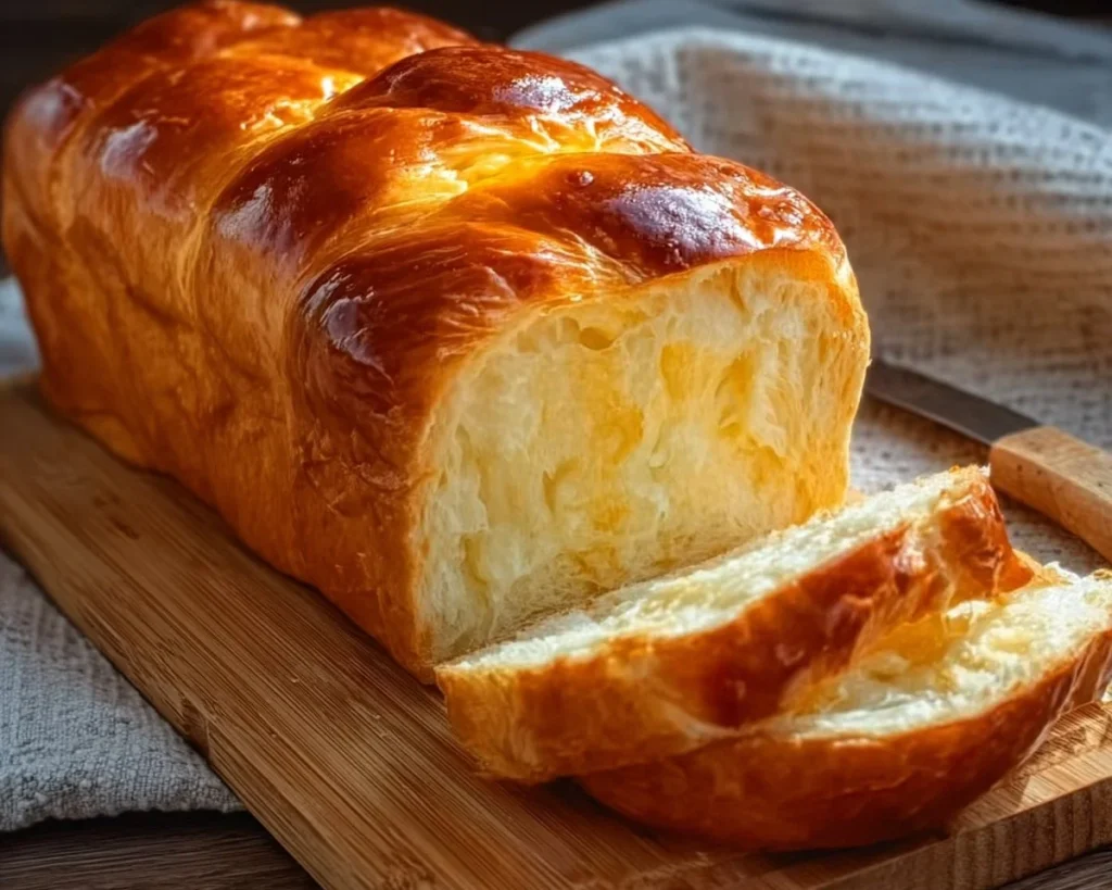 Loaf of sweet condensed milk bread on a rustic wooden table.