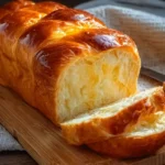 Loaf of sweet condensed milk bread on a rustic wooden table.