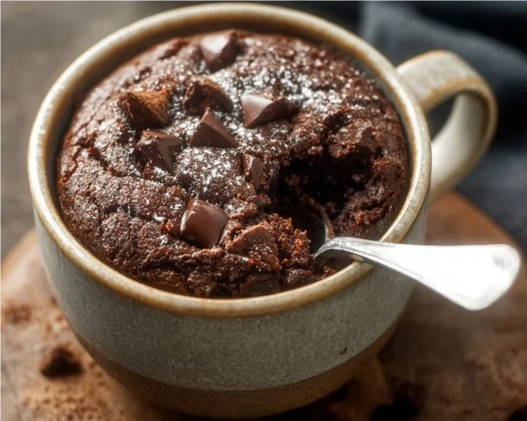 1-Minute Keto Brownie in a Mug topped with chocolate chips