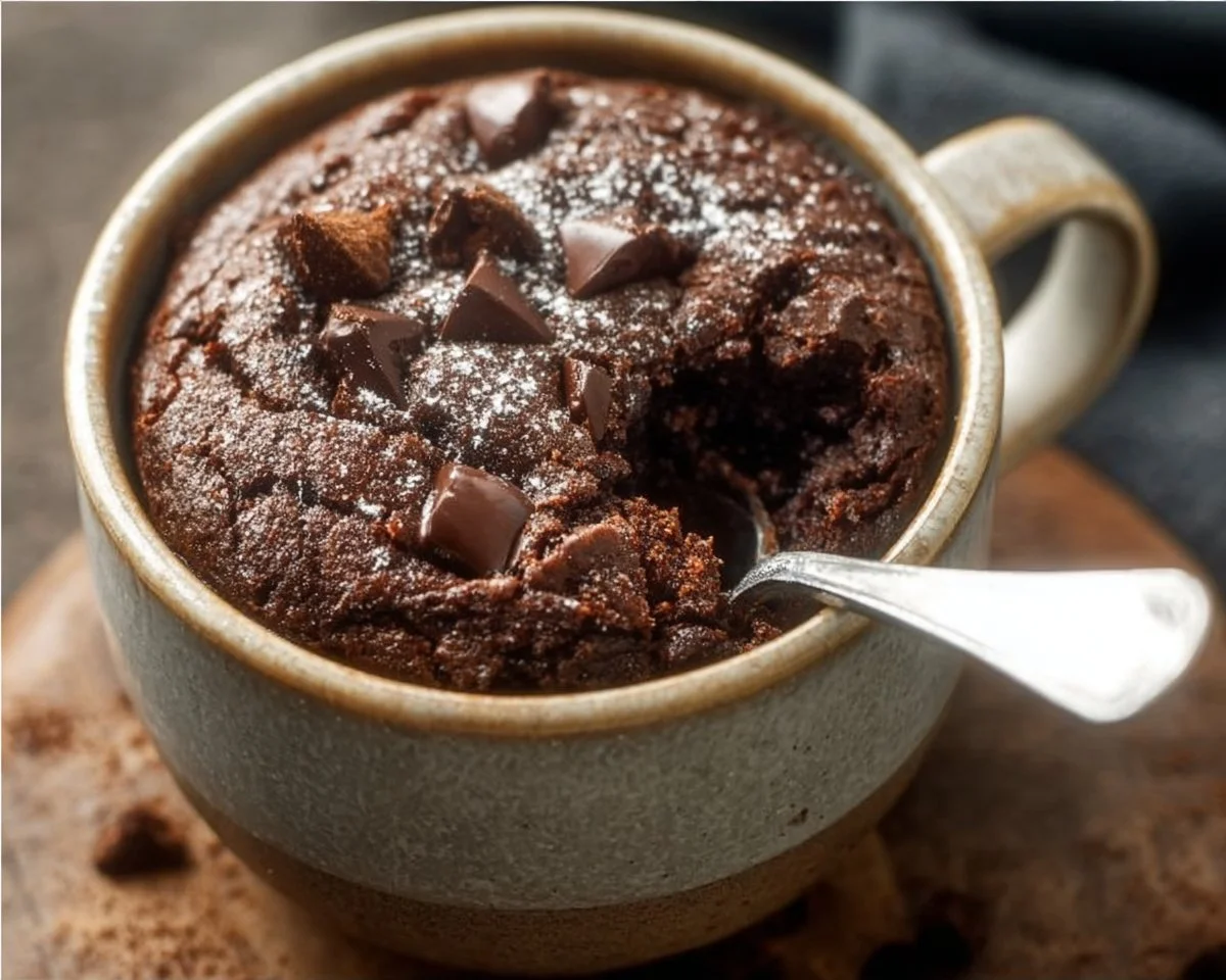 1-Minute Keto Brownie in a Mug topped with chocolate chips