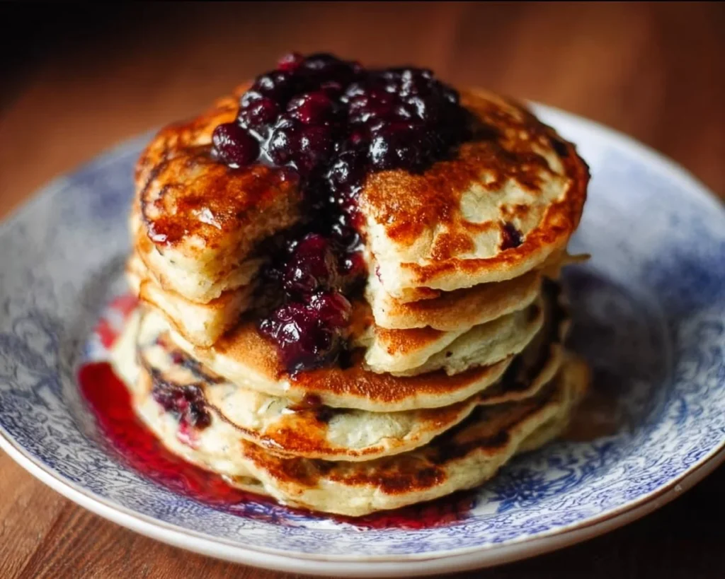 Stack of delicious pancakes topped with syrup and berries