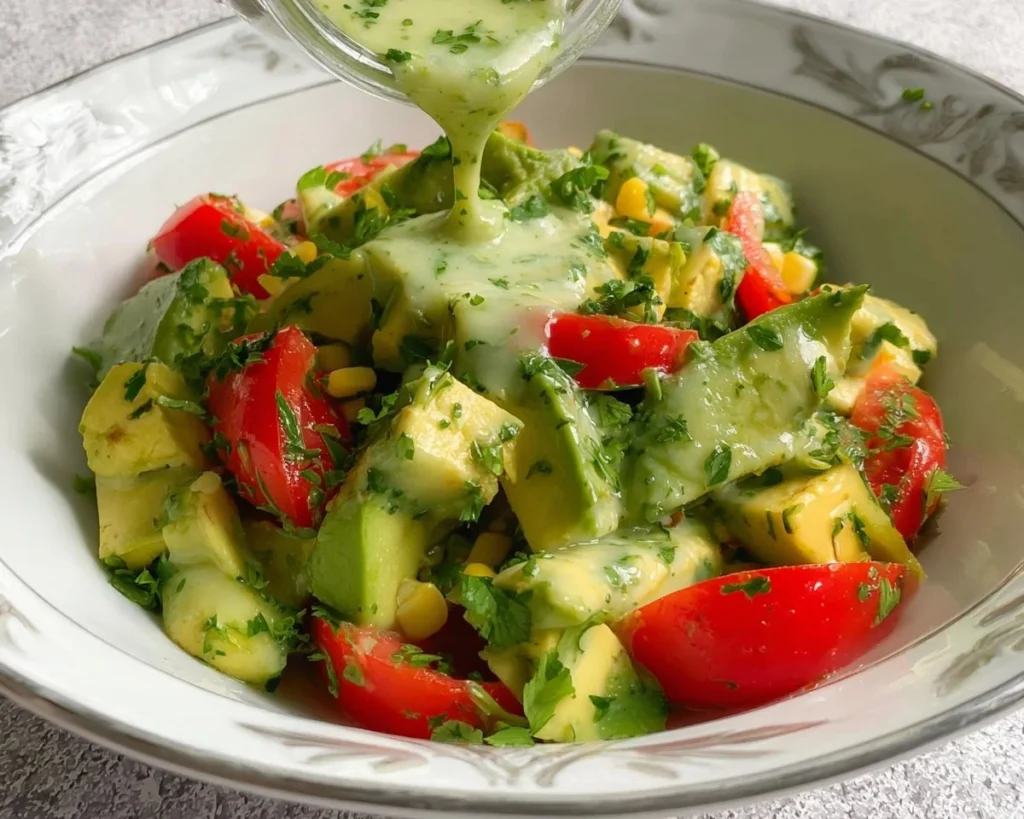 Delicious avocado salad topped with lime cilantro dressing