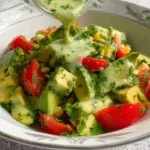 Delicious avocado salad topped with lime cilantro dressing