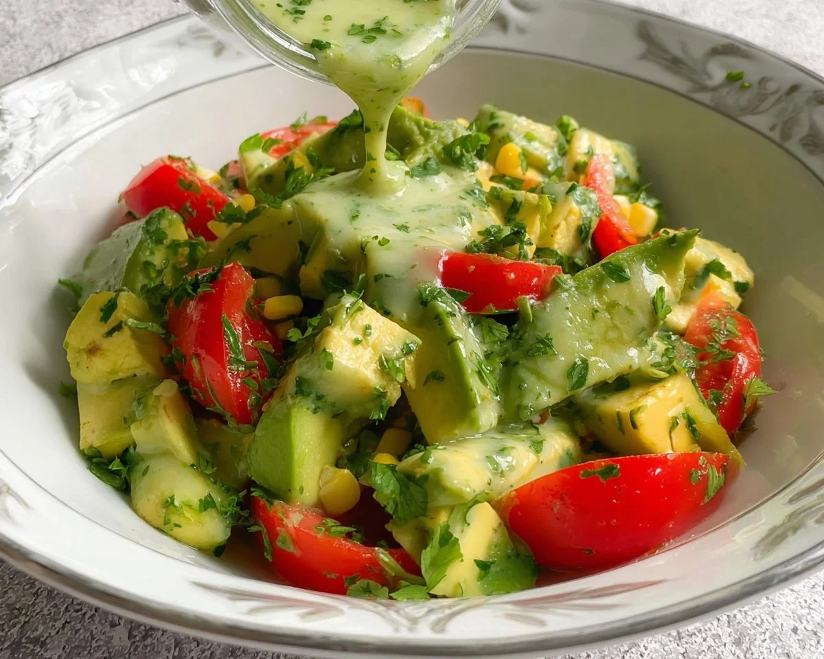 Delicious avocado salad topped with lime cilantro dressing