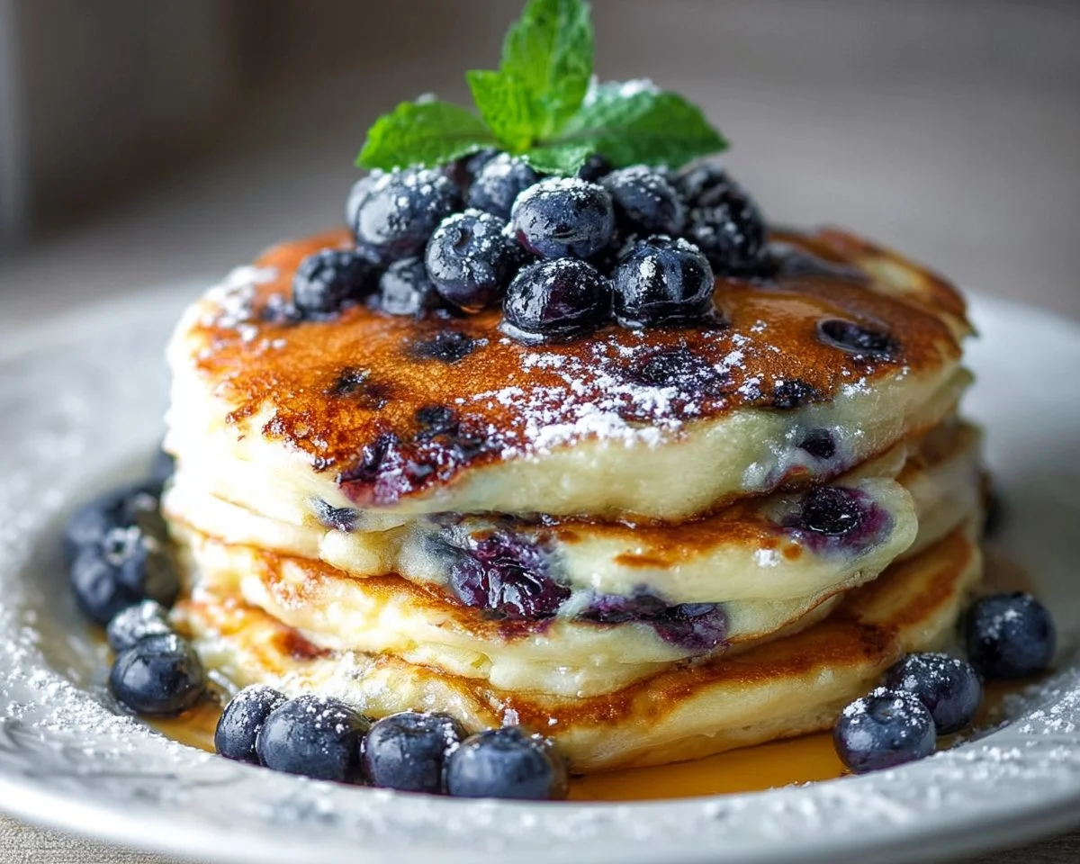 Delicious Blueberry Ricotta Pancakes topped with fresh blueberries and syrup