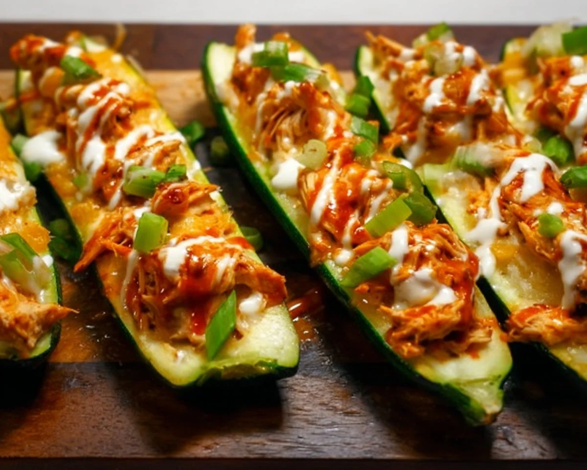 Buffalo Chicken Zucchini Boats filled with spicy chicken and topped with cheese