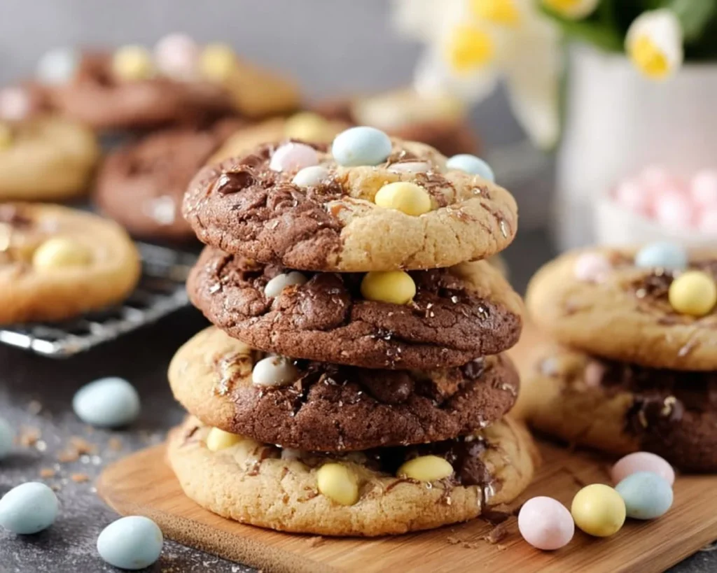 Delicious Cadbury Egg Cookies with melted chocolate and colorful candy shell pieces.