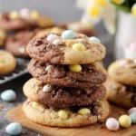 Delicious Cadbury Egg Cookies with melted chocolate and colorful candy shell pieces.