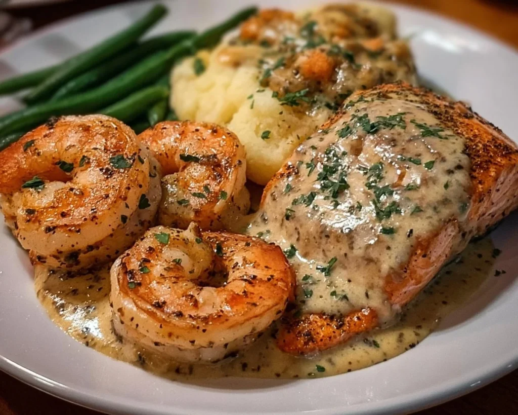 Cajun shrimp and salmon in garlic cream sauce served on a plate