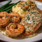 Cajun shrimp and salmon in garlic cream sauce served on a plate