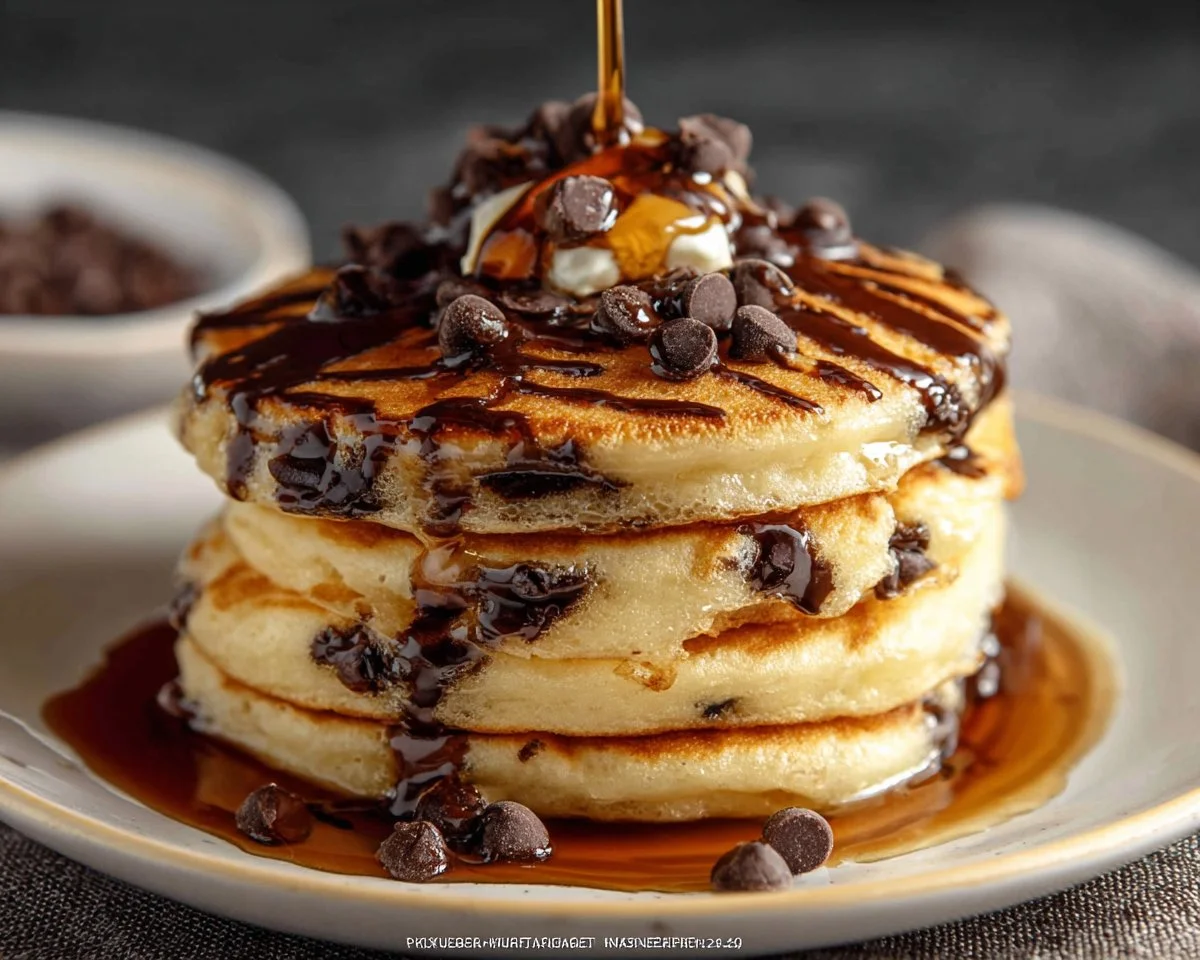 Fluffy chocolate chip pancakes stacked on a plate with syrup drizzling down