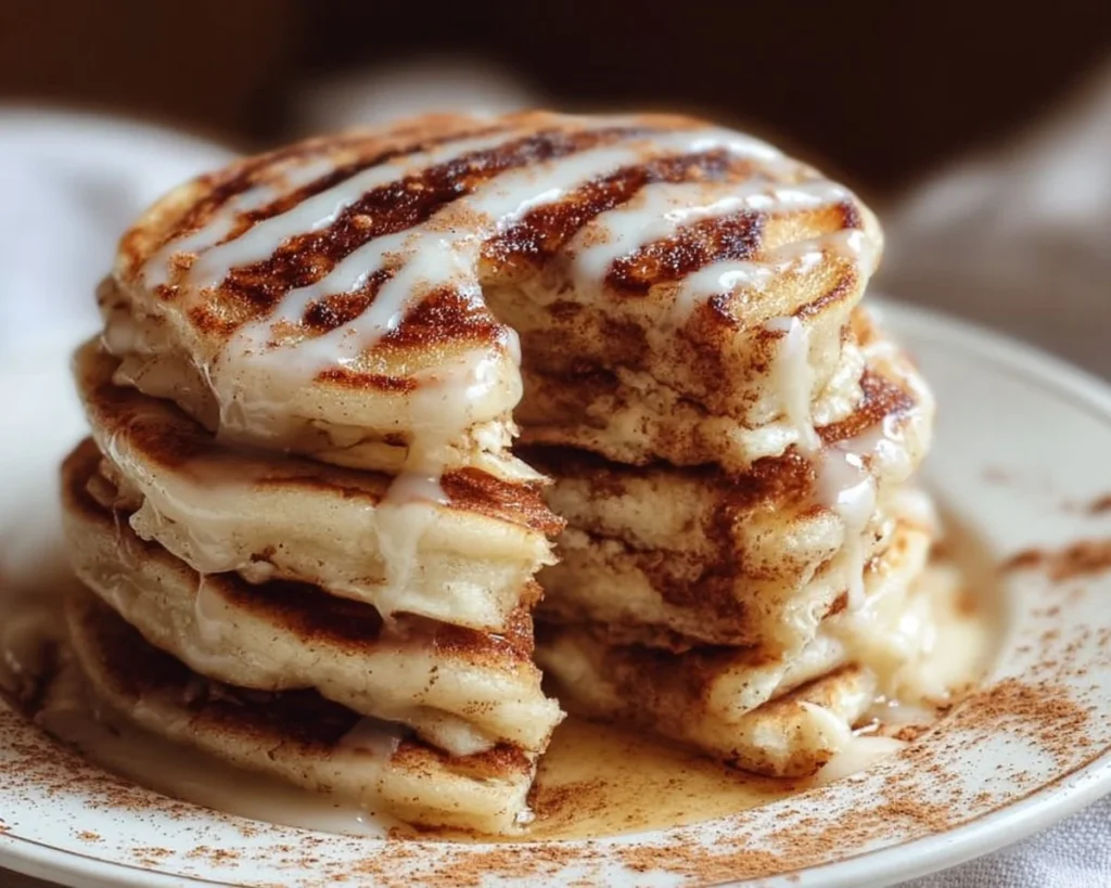 Fluffy cinnamon roll pancakes drizzled with sweet icing on a plate