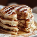 Fluffy cinnamon roll pancakes drizzled with sweet icing on a plate