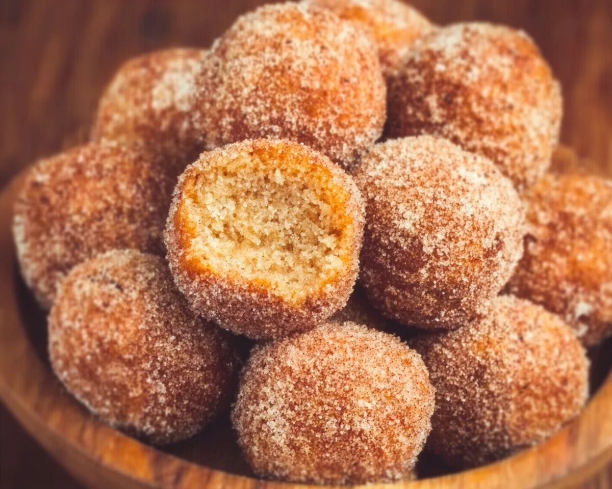 Cinnamon sugar baked donut holes in a bowl, perfect for snacking or dessert
